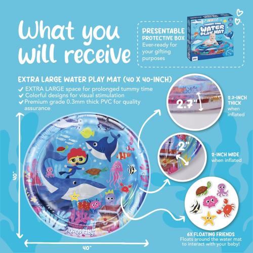 Tummy Time Water Mat for Babies - Xtra Large Sensory Baby Water Mat for Tummy Time & Motor Development - Leak-Proof Water Pad, Durable Infant Water Play Mats for Baby Boys & Girls 3 Months