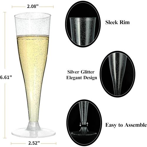 100 Pack Champagne Flutes Plastic, 4.5 oz Silver Glitter Plastic Disposable Stemware, Disposable Champagne Flutes for Party, Mimosa Bar, Wedding, Anniversary and Graduation