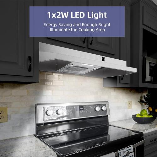 FIREGAS 30 inch Under Cabinet Range Hood, 300 CFM Powerful & 45dB Quiet Vent Hood, Slim Stainless Steel Stove Hood for Kitchen & Apartments, 2-Speed Exhaust Fan, Ducted/Ductless Convertible