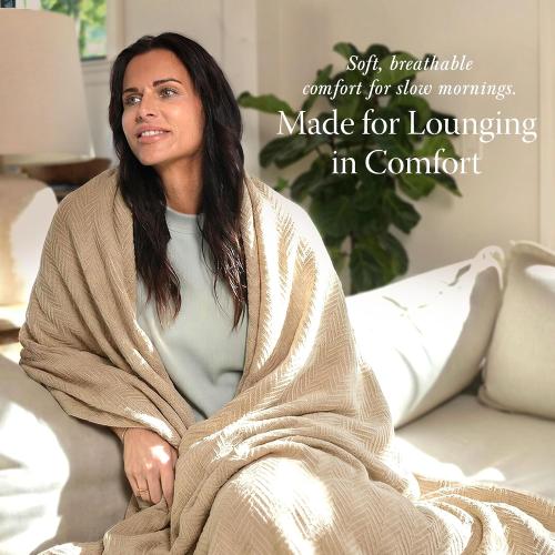 Threadmill Luxury Cotton Blankets for King Size Bed | All-Season Cozy 100% Cotton King Size Blanket | Herringbone Soft Fall Thermal Blanket fits California King Size Bed, 106x92 | Beige