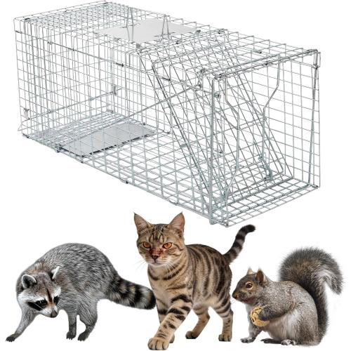 32 Live Animal Trap Cage, Heavy Duty Folding Live Animal Cage Trap for Stray Cats, Raccoons, Squirrels, Rabbits, Opossums, Groundhogs, Armadillos up to 16.5 lbs - 32 L x 11 W x 13 H