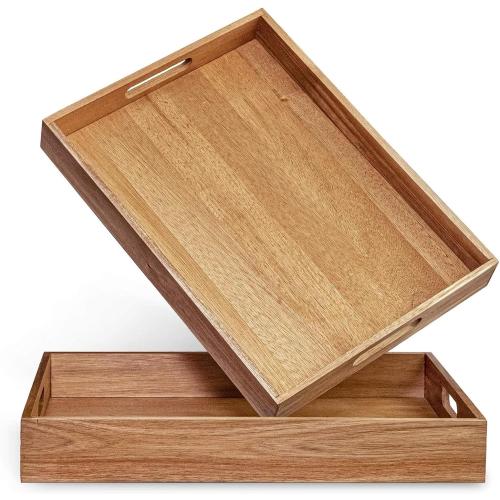 2pk Acacia Wood Serving Tray with Handles – Decorative Serving Trays Platter for Breakfast in Bed, Lunch, Dinner, Patio, Ottoman, Coffee Table, BBQ, Party –Great for Lap &Couch