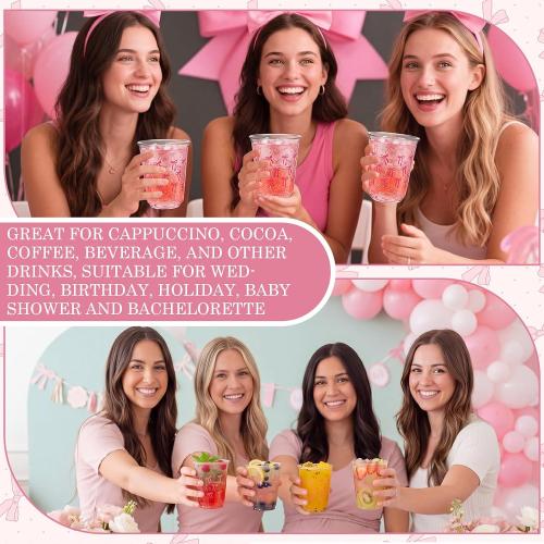 60 Pcs 12 oz Plastic Stemless Wine Glasses Party Disposable Clear Cups for Birthday Baby Shower(Pink Bow Style)