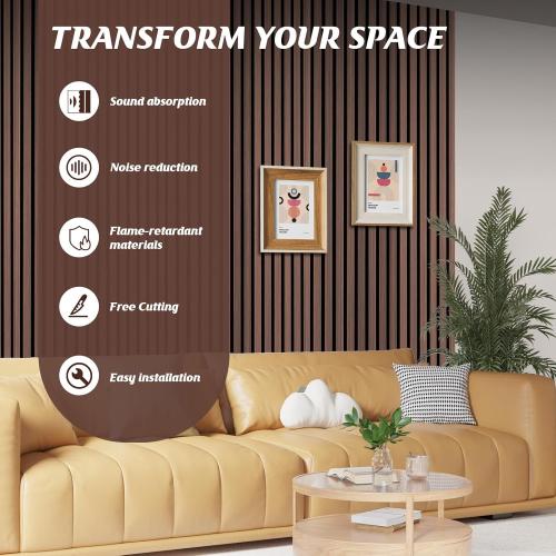 Wood Slat Wall Panels, 2 Pack Acoustic Panels 46.46 × 23.82, 3D Fluted Sound Absorbing Wall Panel for Home & Office Decor, Noise Reducing Interior Wall Treatment (Ebony)