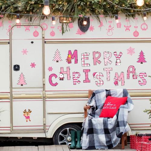 Whaline 22Pcs Merry Christmas Garage Door Magnets Decoration Pink Xmas Tree Santa Snowflake Garage Door Decals Cartoon Magnetic Refrigerator Stickers for Outdoor Party Home Car