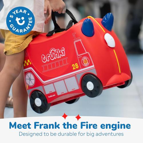 Trunki Ride-On Kids Suitcase | Tow-Along Toddler Luggage | Carry-On Cute Bag with Wheels | Kids Luggage and Airplane Travel Essentials: Frank Fire Truck Red