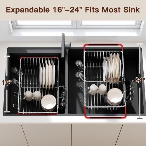 Over the Sink Expandable Dish Drainer Drying Rack In Stainless Steel for Small Kitchen, Counter Space Saving Modern Compact Metal Above Plate Dryer Strainer, Adjustable Hanging Inside Drain Holder