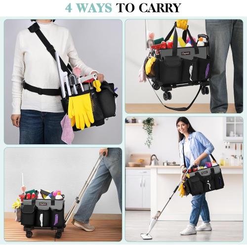 Rolling Cleaning Caddy, Cleaning Supplies Organizer with Trolley, Wearable Cleaning Tote Bag on Wheels with Hard Bottom, Cleaning Carts for Housekeepers/Home/Car/Office/Picnic (Grey)
