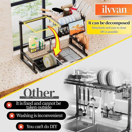 Over Sink Dish Drying Rack (Expandable Height/Length) Snap-On Design Large Dish Drainer Storage Counter Organizer 24 - 35.5(L) x 12(W) x 19 - 22(H)