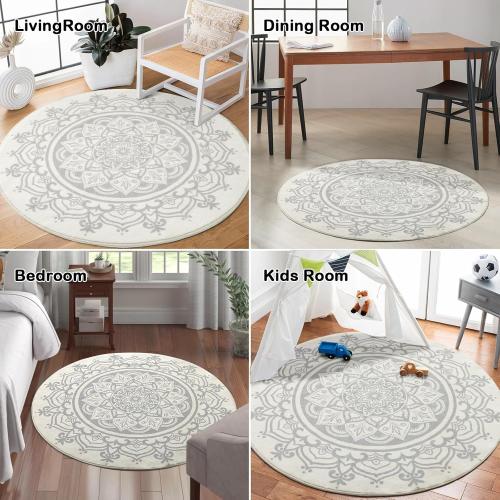 Carvapet 2' Small Round Area Rug Chic Boho Mandala Print Circle Rugs Non Slip Machine Washable Floor Mat Soft Throw Rug for Powder Room Entryway Bathroom Nursery Bedside Floor Decor Ivory Grey