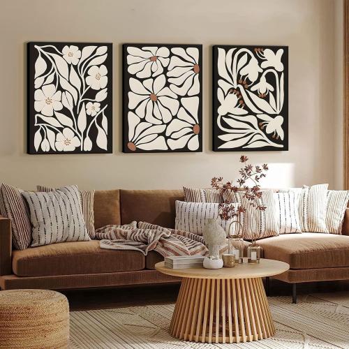 QGNBGBJ Framed Black Boho Flowers Plant Wall Art Abstract Botanical Flower Canvas Poster Vintage Bohemian Neutral Floral Prints Wall Decor Trendy Black Beige Floral Set for Girl Bedroom