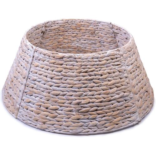 24in Christmas Tree Collar, Christmas Tree Ring Adjustable Water Hyacinth Skirt, Christmas Tree Skirt for Decoration, Base Protection from Pets (White)