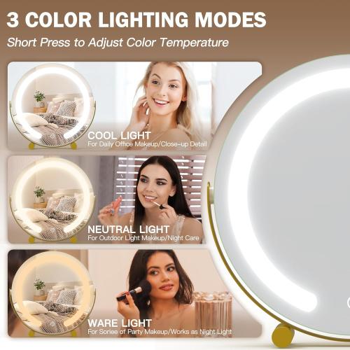 ROLOVE Gold Vanity Mirror with Lights, 12 Inch 3-Color Dimmable Smart Touch Makeup Mirror for Desk, 360° Rotation Tabletop Lighted Mirror for Bedroom, Dressing Room & Daily Grooming