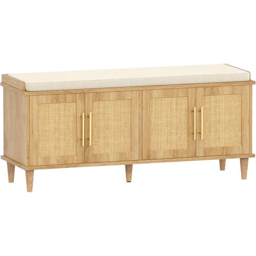 Akxomel Rattan Shoe Storage Bench with Cushion, 2-Tier Entryway Bench with Adjustable Shelves and 4 Doors, Solid Wood Legs, for Hallway, Living Room, Bedroom, Natural Oak *DAMAGED BOX*