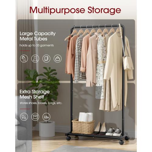 Clothes Rack - Clothing Rack with Storage Mesh Shelf & Casters, Heavy-Duty Metal Clothing Rack for Hanging Clothes, Dresses, Coats, Large Load Capacity, Easy Assembly, Black, 28.0x16.9x59.0