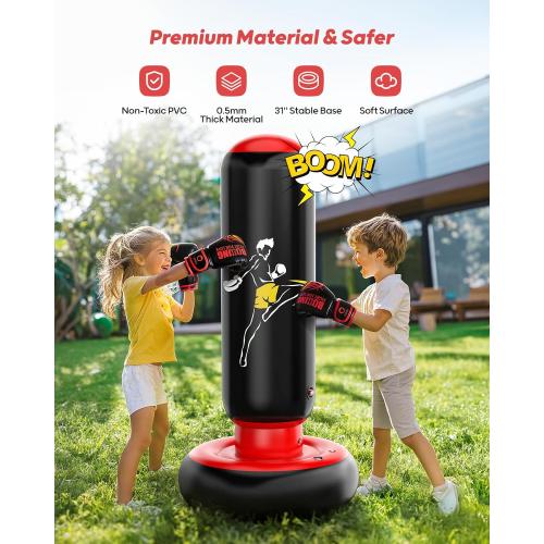 QPAU Kids Punching Bag Toy with Boxing Gloves, 66 Inch Larger Stable Kids Inflatable Boxing Bag Set, Gifts for Boys & Girls Age 6-12, for Practicing Karate, Taekwondo, MMA