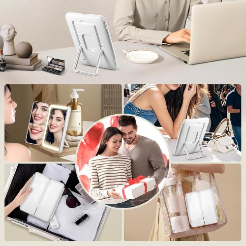 GOMIPURU Makeup Mirror with Lights and 30X/10X/5X Magnification, Vanity Mirror with 3 Color Lights, Rechargeable, Detachable, Lighted Makeup Mirror with Magnification, Trifold Mirror, Gifts, White