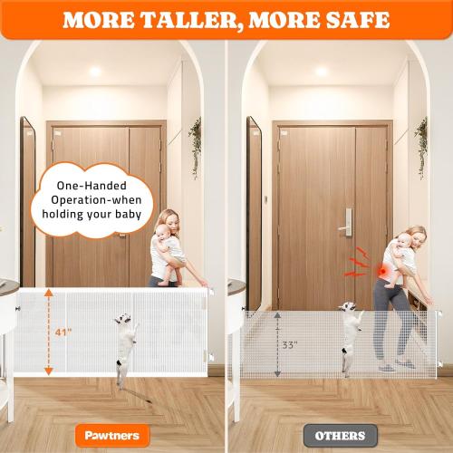Pawtners Retractable Baby Gates Extra Wide, 41 Tall Extends up to 200 Wide, Dog Gate Indoor for Stairs, Pet Gate with Support Rods for Doorways Hallways Garage Indoor & Outdoor-White