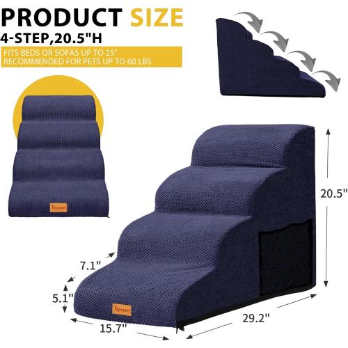 Dog Stairs for Small Dogs,4-Step,Foam Dog Steps&Ramps for Couch/High Beds with Waterproof &Removable Cover, Non-Slip, Blue