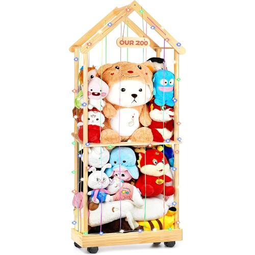 Stuffed Animal Storage Toy Storage Organizer – Doodleable Wooden Stuffed Animal Holder with LED Light, 360° Swivel Wheels for Nursery Playroom Bedroom Kids Room