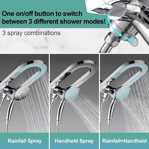 Silver Cobbe Premium 3-Way Rain Shower Head Combo, Dual Shower Head with Handheld, 5-mode High Pressure Rainfall Showerhead with Stainless Steel Hose & Sealant Tape - U.S. Invention Patents - Chrome