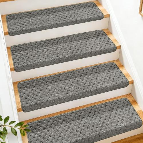 DEXDE Bullnose Carpet Stair Treads Non Slip for Wooden Steps Indoor, 30 x 9.5 x 1.7 (14 Pack) Grey - Peel and Stick Stair Runner Rugs with Edge Protection, Washable & Reusable Pet Friendly Mats