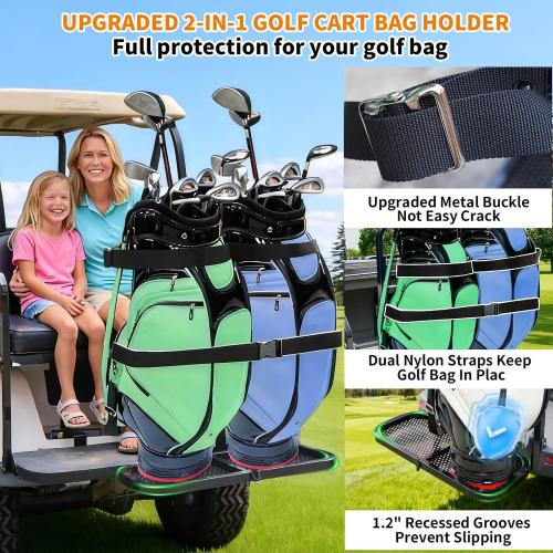 Foldable Golf Cart Bag Holder for EZGO/Club Car/Yamaha, Fits 8 Max & 24 Rear Safety Grab Bars, Triple-Point Stabilized, Stainless Steel Buckles, No-Drill Preinstalled Golf Cart Rear Seat Bag Holder