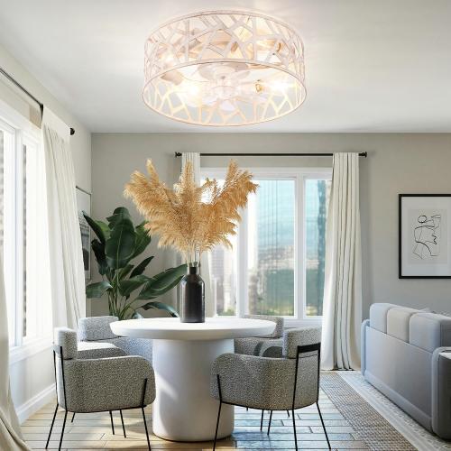 Flush Mount Fandelier Ceiling Fan with Lights and Remote, 18 inch Caged Ceiling Fan with Light Vintage White, Farmhouse Ceiling Fans for Bedroom, Kitchen, Living Room