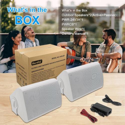Herdio 6.5 Inches Outdoor Bluetooth Speakers Waterproof with Powerful Bass,Wall Mount Speakers Wired Weather Resistant for Patio Home Deck Porch Backyard 400 Watts(White)