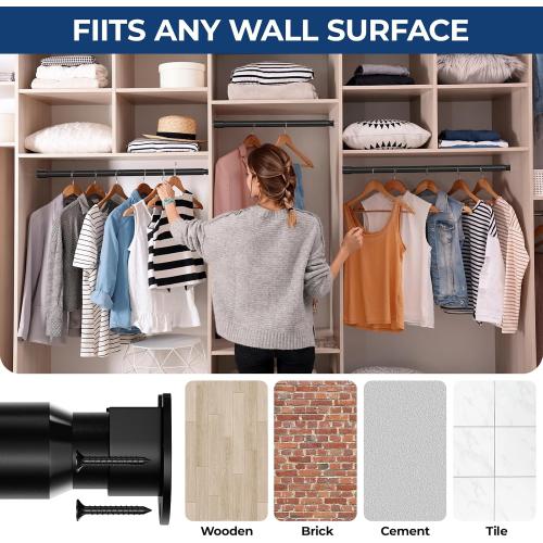 Mavivegue Closet Rod, 17 to 84 Inch Adjustable Closet Rods for Hanging Clothes, Heavy Duty Tension Rod, Black Curtain Rod, for Closet, Wardrobes, Bathroom, Laundry