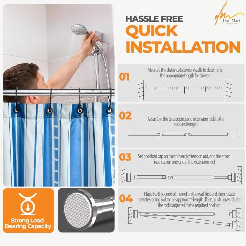 Silver Shower Curtain Rod Spring Tension, Stainless Steel Tension Curtain Rods No Drilling Required, Rust Free Shower Rods for Bathroom, Non-Slip Shower Tension Rod, Adjustable Curtain Rod (28” - 74”)
