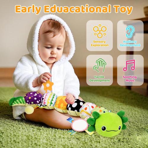 Baby Toys for 0-6 6-12 Months, Plush Axolotl Toy with Crinkle and Rattles for Infant Newborn, Sensory Music Animal Stuffed Toy for 0 1 2 3 4 5 6  Month, Tummy Time Toys Gifts for 0-3-6-12 Months,Green