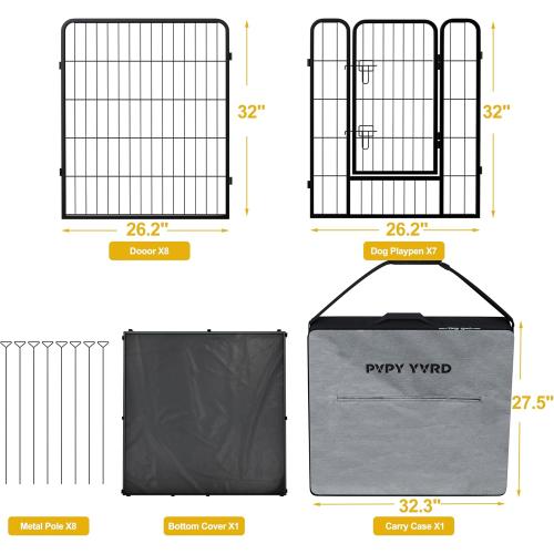 Dog Playpen with Bottom and Storage Bag, 32 H 8 Panels Puppy Pen with Square Bottom, Heavy Duty Dog Fence for Small/Medium Dogs