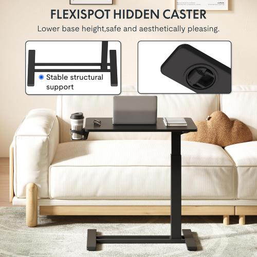 FLEXISPOT H7 Adjustable Overbed Bedside Table with Wheels Pneumatic Mobile Standing Desk Laptop Desk Rolling Computer Cart Movable Overbed Tables Hospital Home Use(27.6 W x 15.7 D, Black Table)