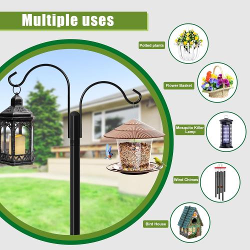 Double Shepherds Hooks for Outdoor, 2-Pack Heavy Duty Garden Pole for Hanging Bird Feeder, Plant Baskets, Solar Light Lanterns, Garden Plant Hanger Stands with 5 Base Prongs