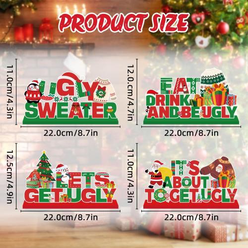 4Pcs Ugly Sweater Christmas Party Decorations Wooden Table Centerpiece Ugly Sweater Party Table Decorations Lets Get Ugly Tabletop Tiered Tray Decor for Holiday Xmas Party Supplies