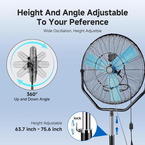 pasapair 8160 CFM 30 High Velocity Outdoor Misting Fan, Standing Fans for Patio Waterproof, Cooling Floor Fan 3-Speed, 360°Rotating, Adjustable Height,4 Casters, Heavy Duty Metal Industrial Fan
