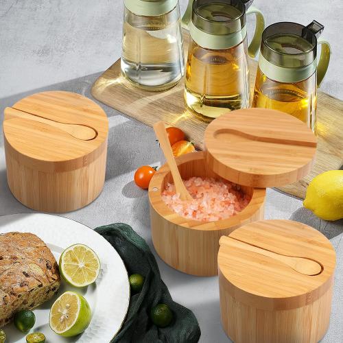 HTB Bamboo Salt Cellar with Mini Spoon, Kitchen Salt Box with Swivel Magnetic Closure Lid, Round Salt Container to Storage Pepper Spice Bath Salt Sea Salt