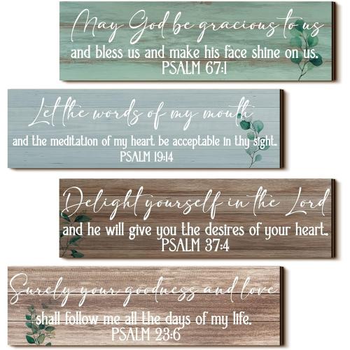 Yulejo 4 Pieces Bible Verses Wall Decor Psalms Scripture Wooden Christian Sign Rustic Wall Art Prayer Decorations for Home (Delicate Style)