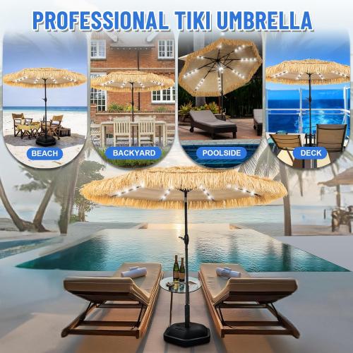 9 FT Solar Thatch Tiki Umbrella, Hawaiian Style Straw Umbrellas with Zinc Alloy Push Button Tilt, UPF 50  Patio Umbrella,Outdoor Umbrella with 32 LED Lights for Beach, Pool,Garden