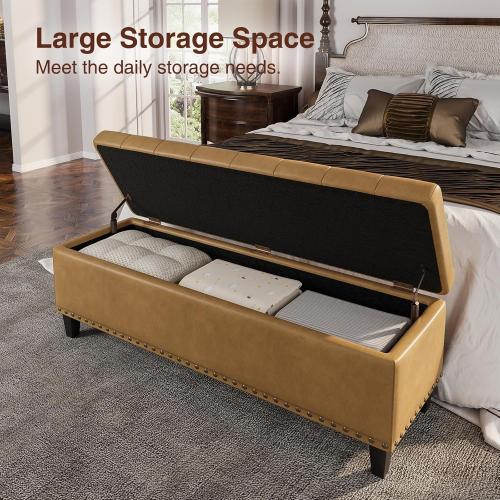 Size 51 Color brown Storage Ottoman Bench,51-Inch Large Storage Bench for Bedroom End of Bed, 30 Gallons Faux Leather Ottoman with Storage for Bedroom, Living Room, Entryway, Hallway,Camel