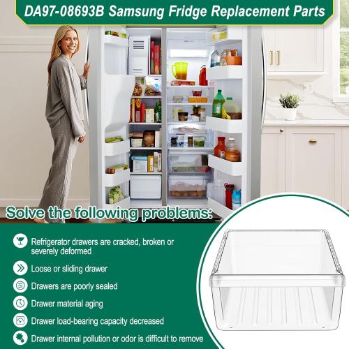 UPGRADED DA97-08693B Refrigerator Crisper Drawer Replacement Compatible with Samsung Fridge Crisper Drawer Parts RS25J500DSR RS25J500DSG DA97-08693A RS25H5000BC Upper Refrigerator Crisper Drawer Bin