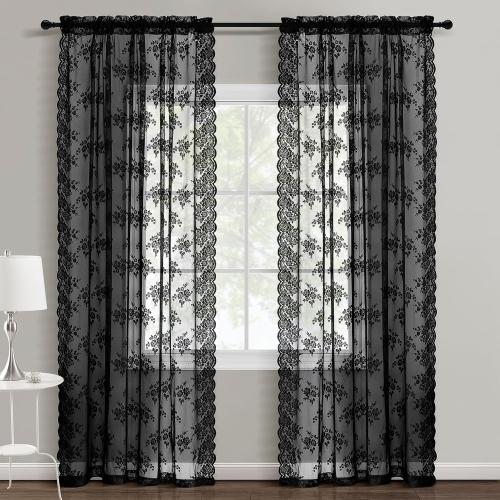 Kotile Black Lace Curtains 54 Inch Length 2 Panels, Country Rustic Floral Pattern Gothic Sheer Curtains for Bedroom, Rod Pocket Vintage Privacy Sheer Lace Curtain, 42 x 54 Inch, 1 Pair, Black