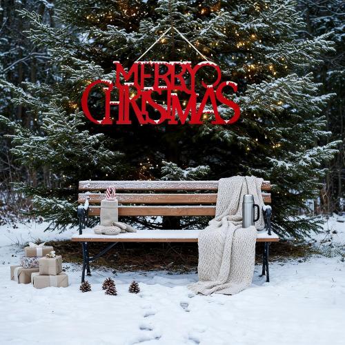 Chunful 36 Inch Large Snowy Metal Merry Christmas Wall Sign Xmas Hanging Door Sign 3D Red Merry Christmas Cutout Letter Decorative for Xmas Wall Indoor Outdoor Living Room Yard Supplies