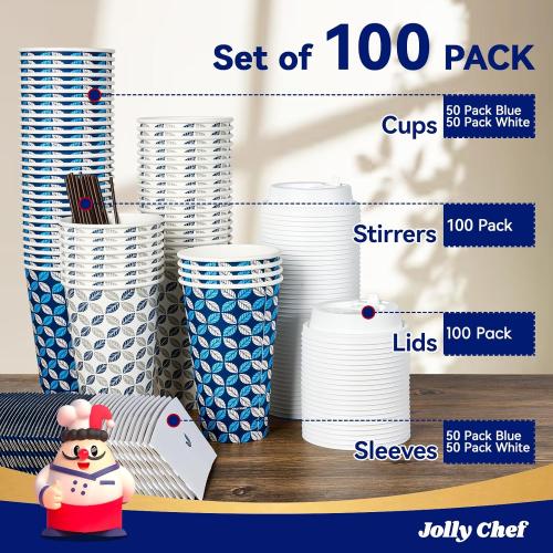 JOLLY CHEF 16 oz Coffee Cups with Lids 100 Pack, Disposable Hot Paper Coffee Cups with Lids, Sleeves and Stirrers for Christmas, Thanksgiving, Party