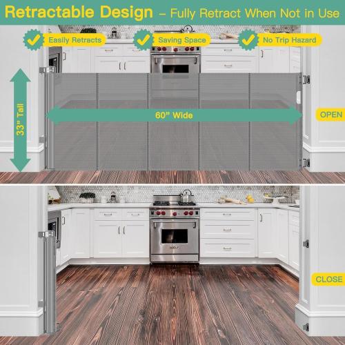 Upgraded 60 Wide Retractable Dog Gate with Reinforced Rods - Bottom Anti-Escape, 5 ft Retractable Baby Gates for Doorways Retractable Gates for Dogs Indoor/Outdoor Retractable Pet Gate, Gray