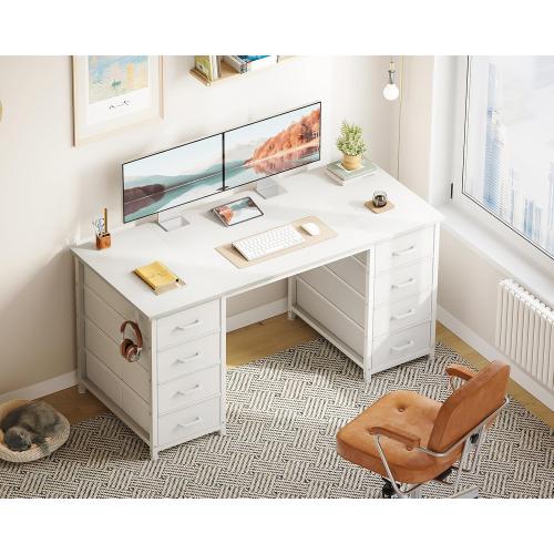 ODK 48 Inch White Computer Desk with 8 Fabric Drawers, Modern Office Desk with Large Storage for Home Office, Study, Gaming, White