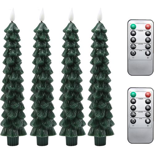 Fo32won Christmas Tree Shaped Flameless Candlesticks Battery Operated with Remote and Timer, Set of 4 Real Wax LED Taper Candles with 3D Flickering Wick for Christmas Decoration Gift