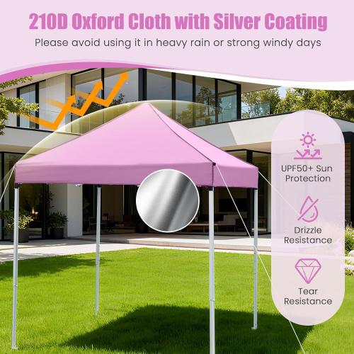 Tangkula 6.5x6.5 FT Pop Up Canopy, UPF50  Outdoor Canopy Tent with 2 Removable Sidewalls, 2 Zippered Doors, Heavy-Duty Carbon Steel Frame, Wheeled Bag, 4 Sandbags, 8 Stakes, 4 Wind Ropes (Pink)