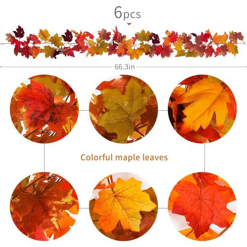 6PCS Fall Maple Leaves Garland, Party Joy 5.6Ft Artificial Maple Leaf Autumn Garland Hanging Fall Vines Table Decorations Front Door Fall Decor Thanksgiving Decorations Decor Outside Indoor Decor